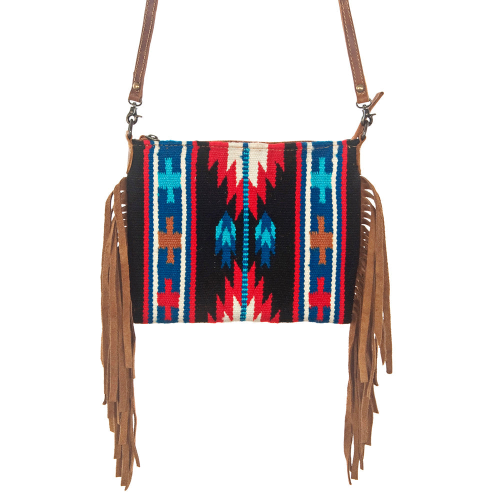 American Darling Cross body Bag Handcrafted from Hand Woven Saddle Blanket &amp; Genuine Leather with Fringes and YKK Zipper