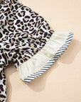 Leopard Colorblock Stripe V-Neck Short Sleeve Blouse