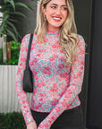 Floral Mesh Long Sleeve Mock Neck Top