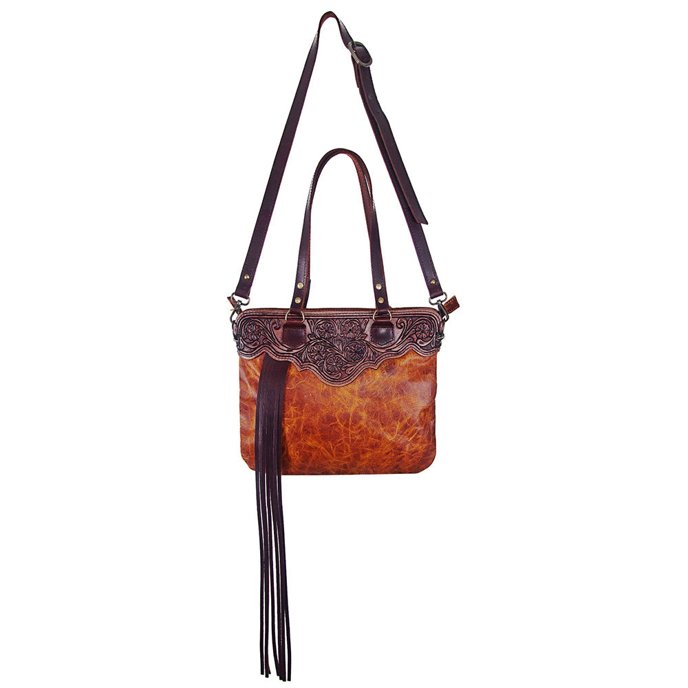 American Darling Small Cross body Bag Hand Tooled Floral Carved Leather with Fringes Western Crossbody Purse