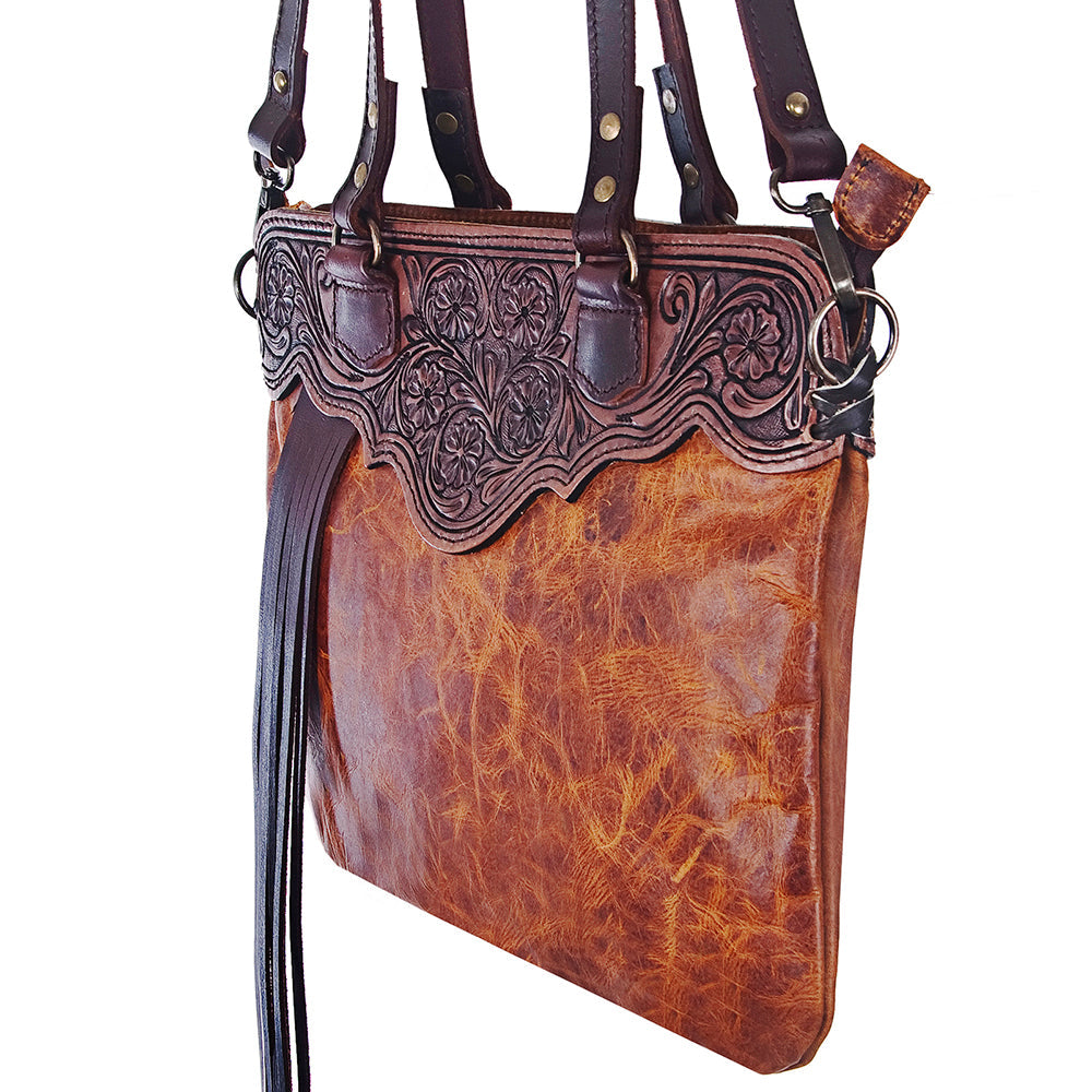 American Darling Small Cross body Bag Hand Tooled Floral Carved Leather with Fringes Western Crossbody Purse