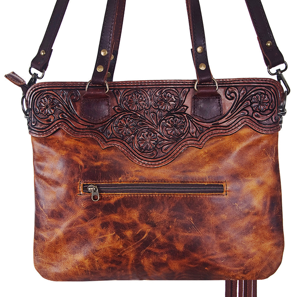 American Darling Small Cross body Bag Hand Tooled Floral Carved Leather with Fringes Western Crossbody Purse