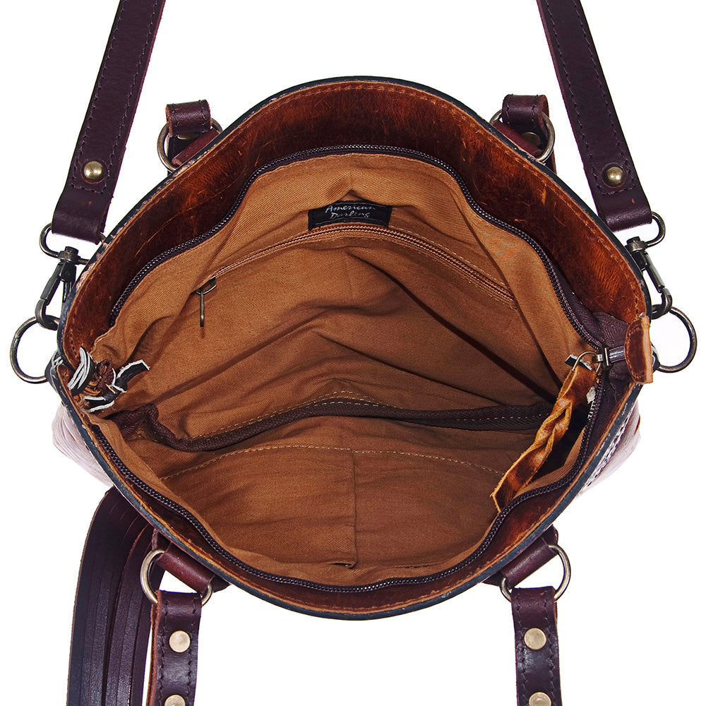 American Darling Small Cross body Bag Hand Tooled Floral Carved Leather with Fringes Western Crossbody Purse