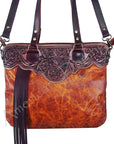 American Darling Small Cross body Bag Hand Tooled Floral Carved Leather with Fringes Western Crossbody Purse