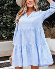 Stripe 3/4 Sleeve Pocketed Tiered Dress