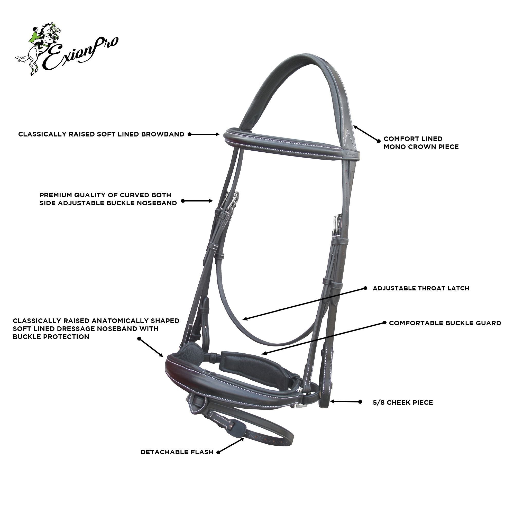 ExionPro Dressage Bridle: Mono Crown, Raised Browband, Anatomical Noseband, Detachable Flash &amp; Web Reins