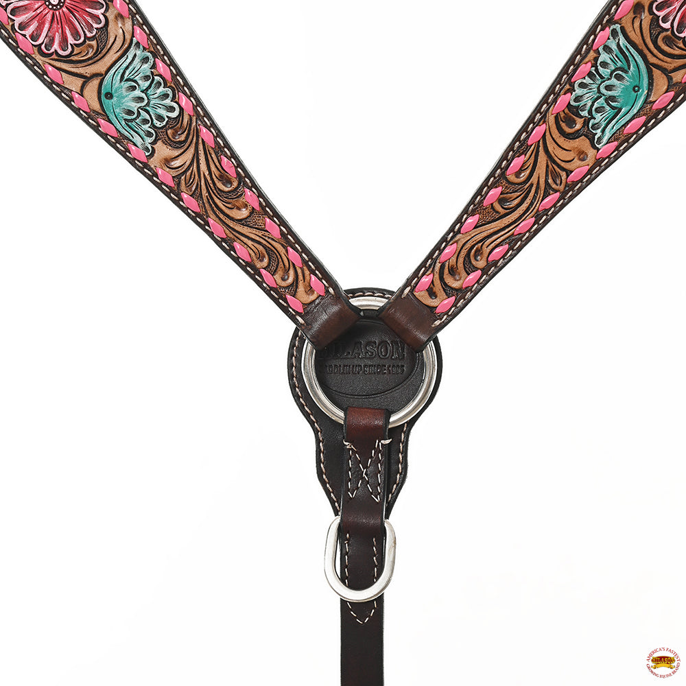 HILASON Western Horse Headstall Breast Collar &amp; Spur Strap Tack Set American Leather Floral Carving