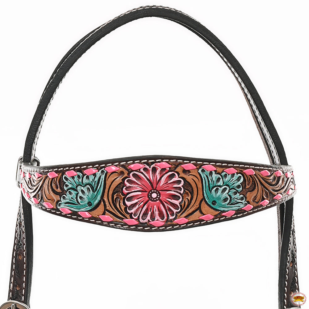 HILASON Western Horse Headstall Breast Collar &amp; Spur Strap Tack Set American Leather Floral Carving