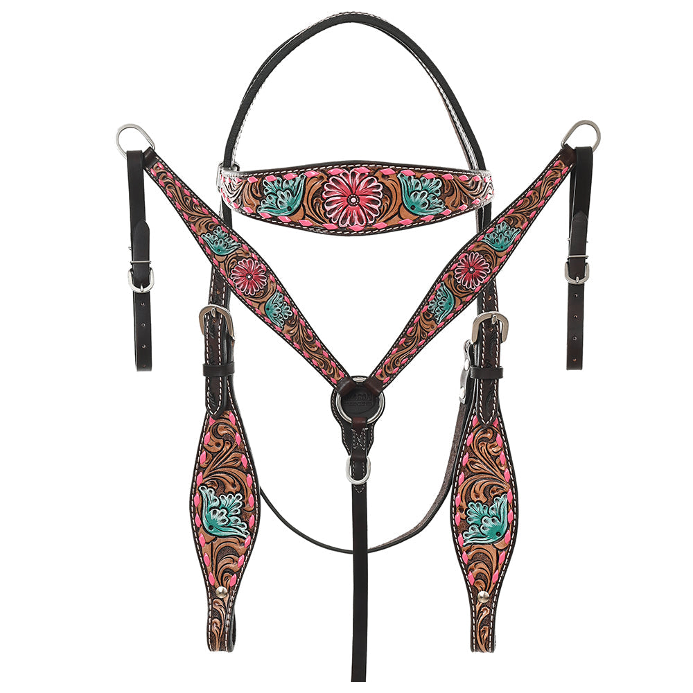 HILASON Western Horse Headstall Breast Collar &amp; Spur Strap Tack Set American Leather Floral Carving