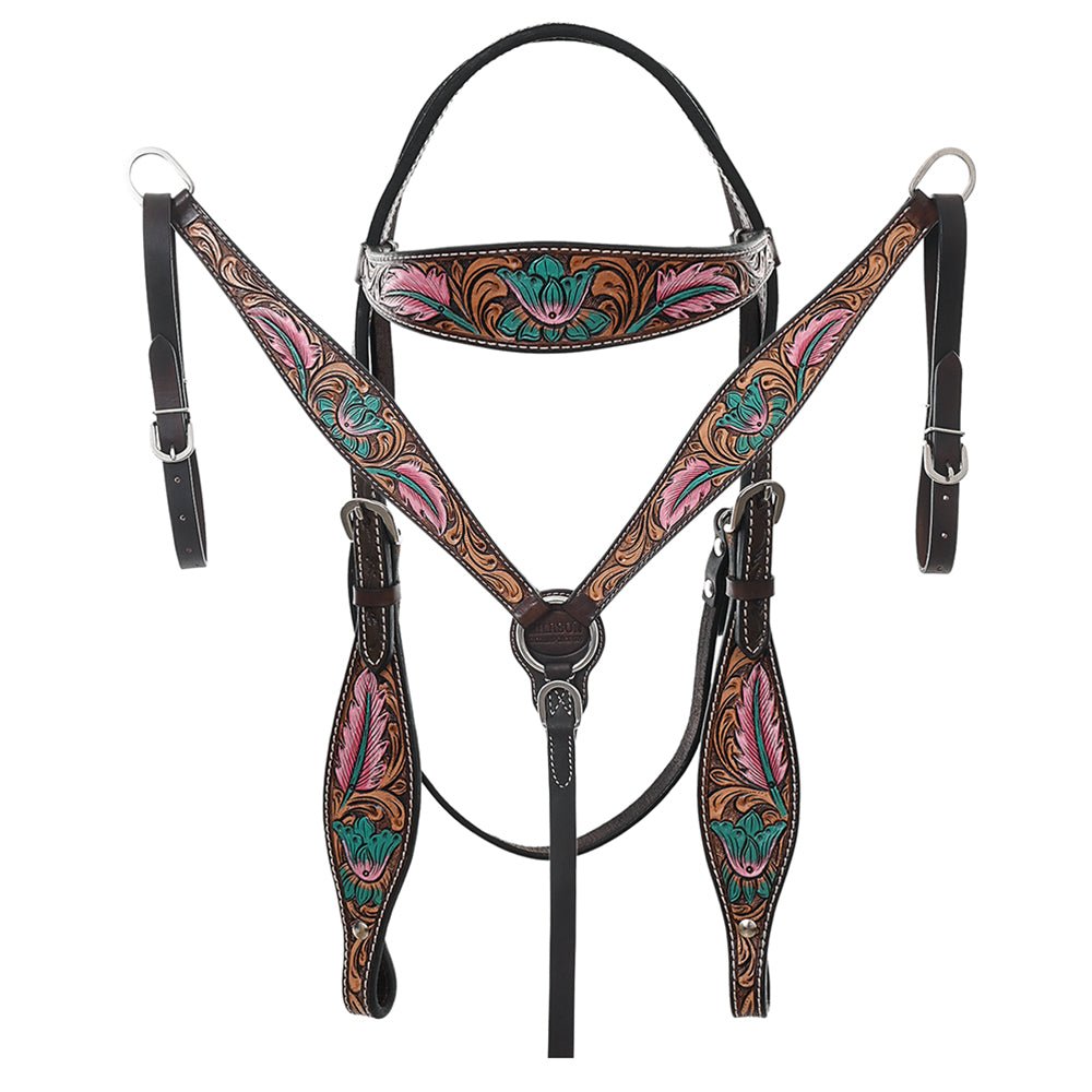 Hand-Carved Leather Western Headstall And Breast Collar Set For Training And Showing