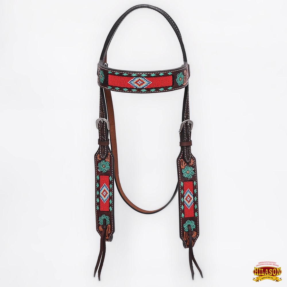 Western Horse Headstall And Floral Beaded Leather Breast Collar