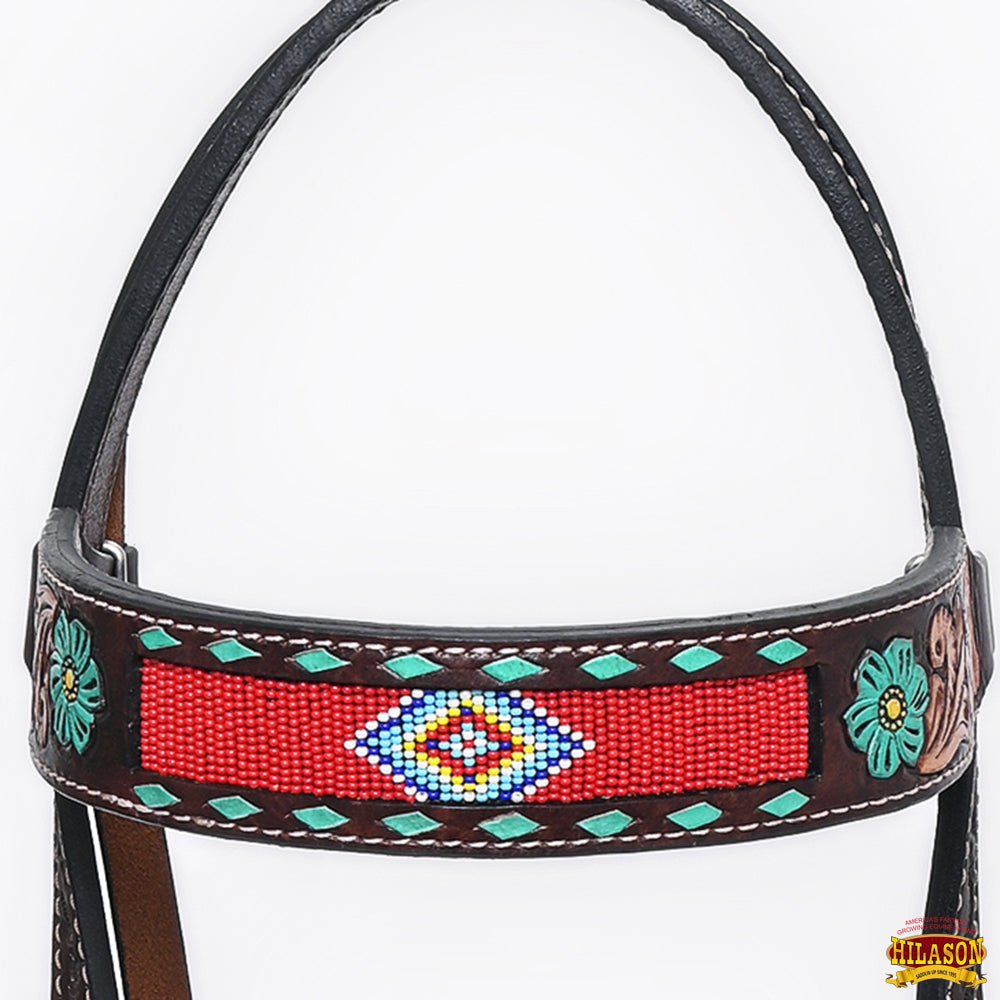Western Horse Headstall And Floral Beaded Leather Breast Collar