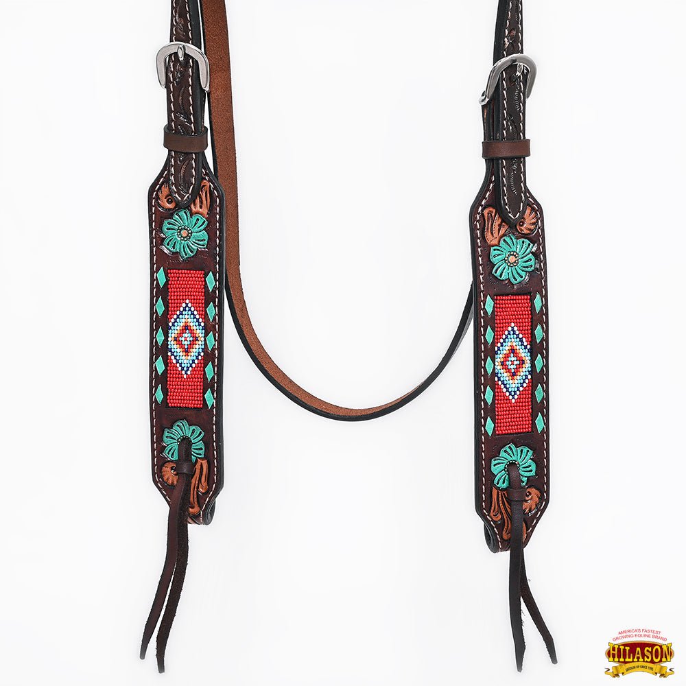 Western Horse Headstall And Floral Beaded Leather Breast Collar