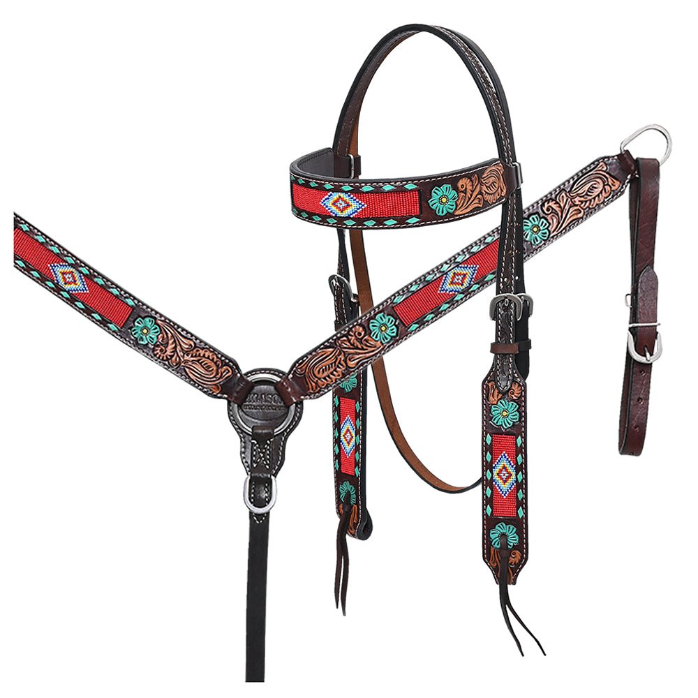 Western Horse Headstall And Floral Beaded Leather Breast Collar