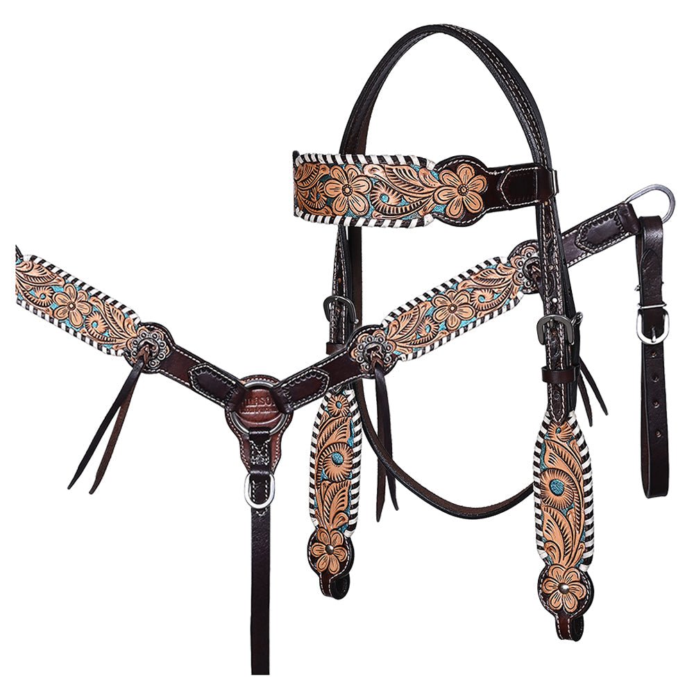 Hand-Carved Leather Western Headstall And Breast Collar Set For Training And Showing