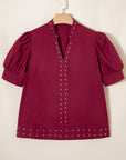 Rivet Embellished V-Neck Short Puff Sleeve Blouse