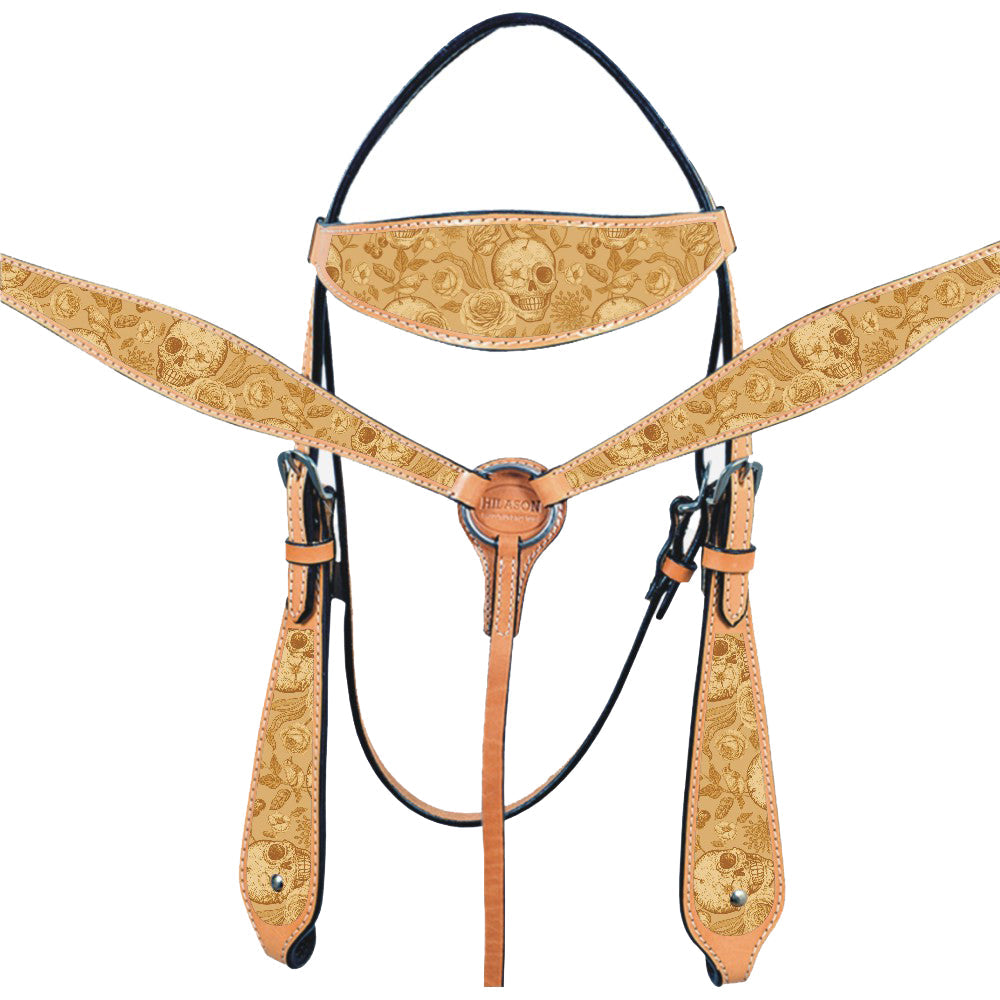 Western Horse Headstall Breast Collar Set American Leather Skull Hilason