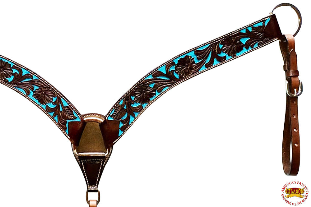 HILASON Western Horse Tack Set American Leather Dark Brown &amp; Turquoise Inlay