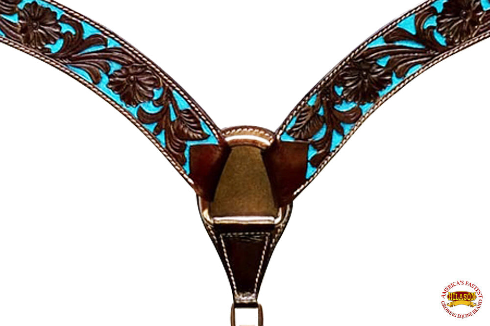 HILASON Western Horse Tack Set American Leather Dark Brown &amp; Turquoise Inlay