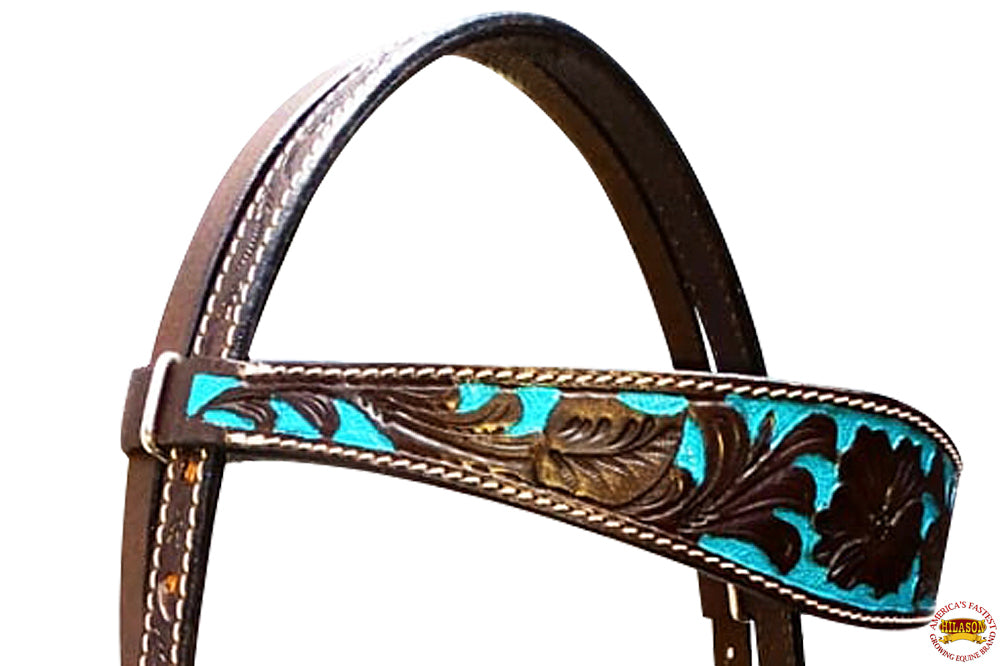 HILASON Western Horse Tack Set American Leather Dark Brown &amp; Turquoise Inlay