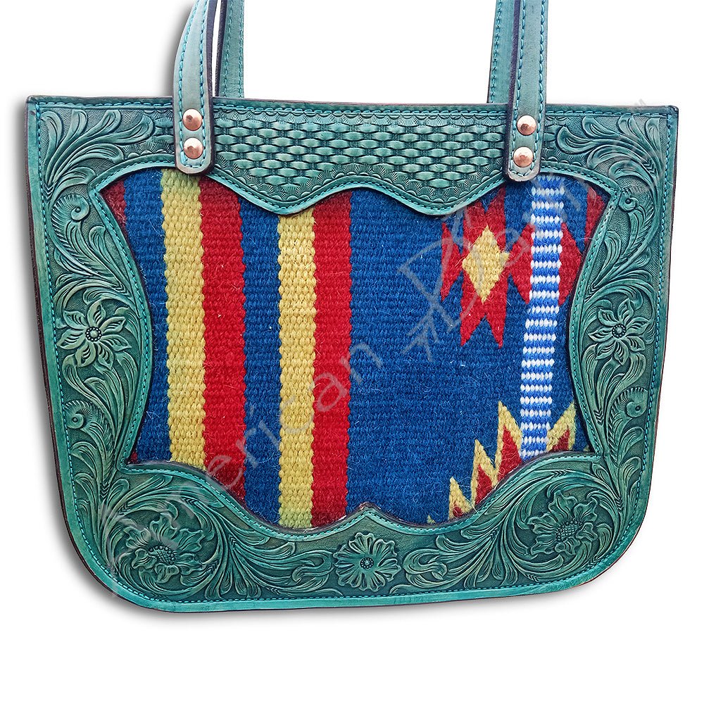 Handmade Genuine Leather Western Tote Bag With Tooled Saddle Blanket