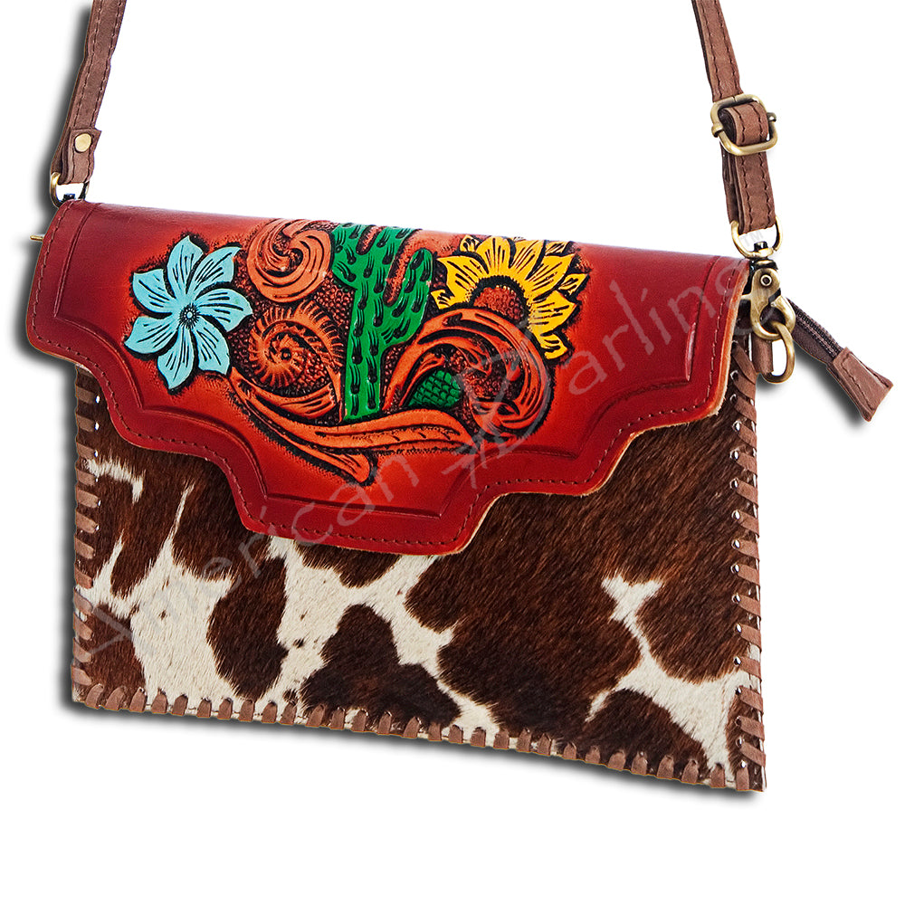 American Darling ADBGD103 Envelope Hand Tooled Hair-On Genuine Leather Women Bag Western Handbag Purse