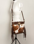 American Darling Bucket Bag Hair-On Cowhide Genuine Leather Fringes Riveted Drawstring Western Purse 11in X 13in X 5in