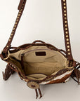 American Darling Bucket Bag Hair-On Cowhide Genuine Leather Fringes Riveted Drawstring Western Purse 11in X 13in X 5in