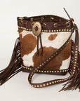 American Darling Bucket Bag Hair-On Cowhide Genuine Leather Fringes Riveted Drawstring Western Purse 11in X 13in X 5in