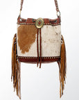 American Darling Bucket Bag Hair-On Cowhide Genuine Leather Fringes Riveted Drawstring Western Purse 11in X 13in X 5in