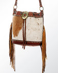 American Darling Bucket Bag Hair-On Cowhide Genuine Leather Fringes Riveted Drawstring Western Purse 11in X 13in X 5in