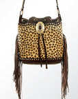 American Darling Bucket Bag Hair-On Cowhide Genuine Leather Fringes Riveted Drawstring Western Purse 11in X 13in X 5in