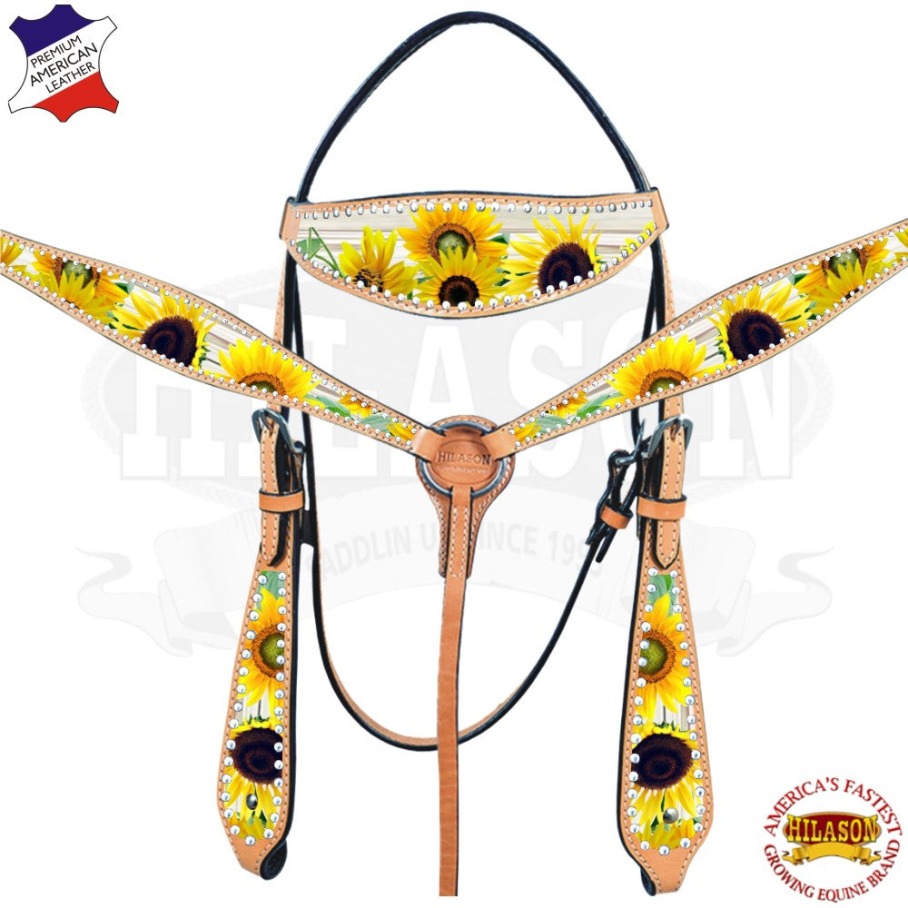 Hilason Western Horse Headstall Breast Collar American Leather Sunflower