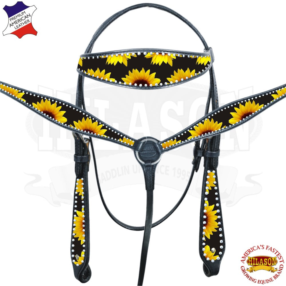 HILASON Western Horse Headstall Breast Collar American Leather Sunflower | Tack Set for Horses