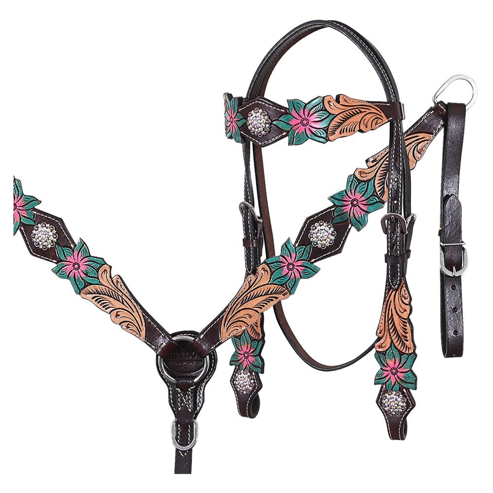 Hand-Carved Leather Western Headstall And Breast Collar Set For Training And Showing