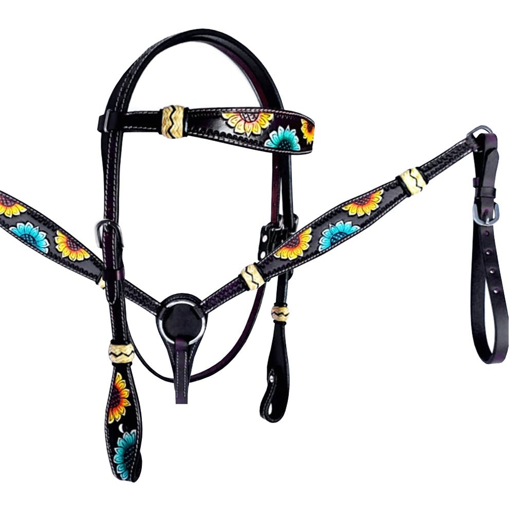 HILASON Western Horse Headstall &amp; Breast Collar American Leather Floral Carving