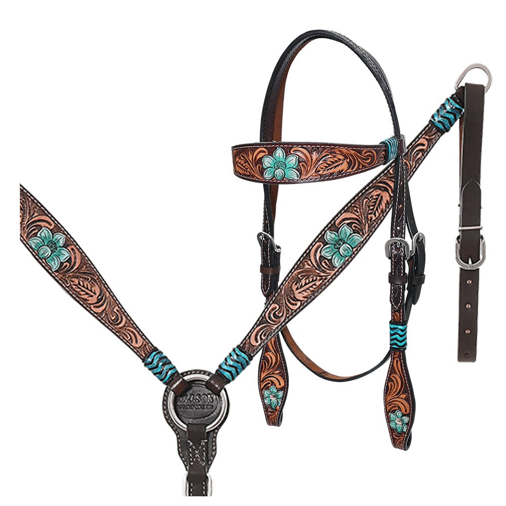 Hand-Carved Leather Western Headstall And Breast Collar Set For Training And Showing