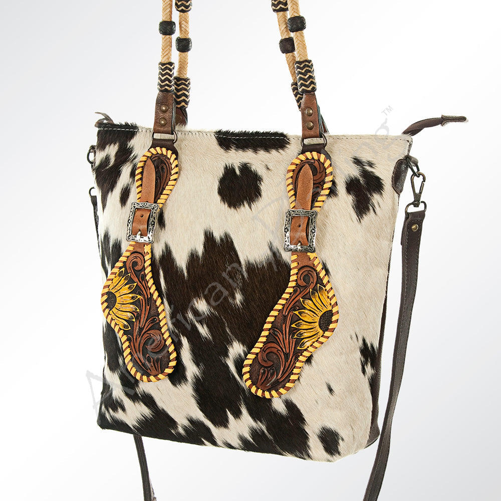 American Darling ADBG540BRW Tote Hand Tooled Hair-On Genuine Leather Women Bag Western Handbag Purse