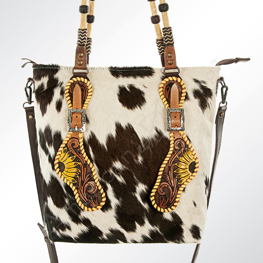 American Darling ADBG540BRW Tote Hand Tooled Hair-On Genuine Leather Women Bag Western Handbag Purse