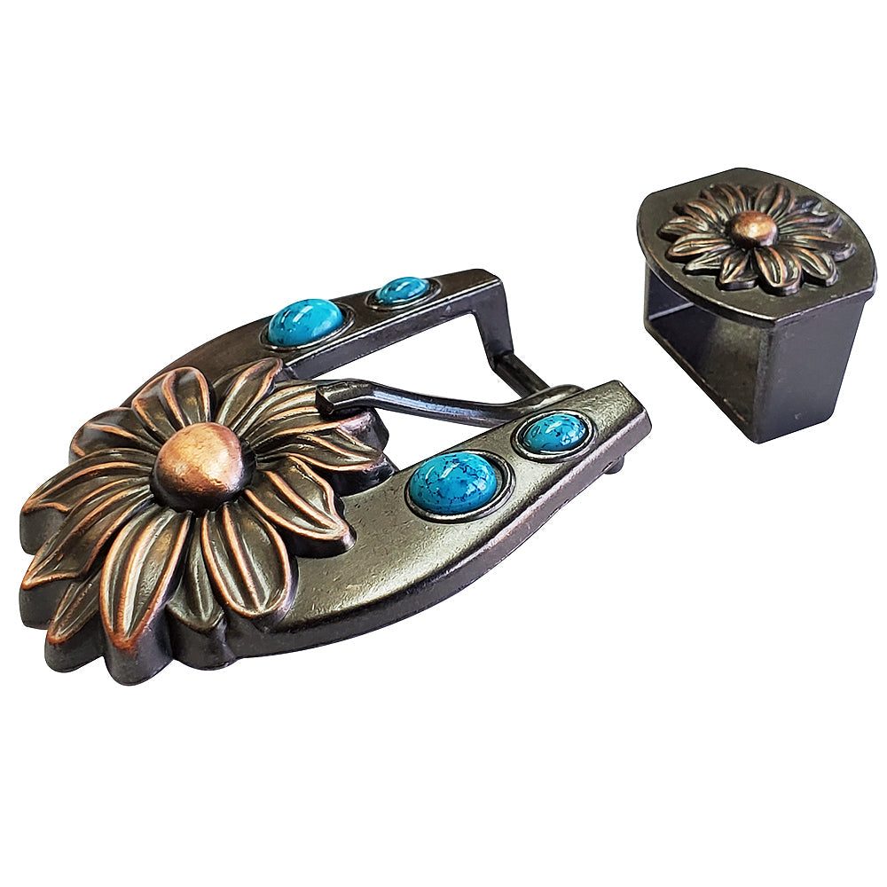 3/4 In Hilason Western Floral Belt Buckle &amp; Keeper Antique Copper Finishing Turquoise Stone Concho Tack tack Headstall