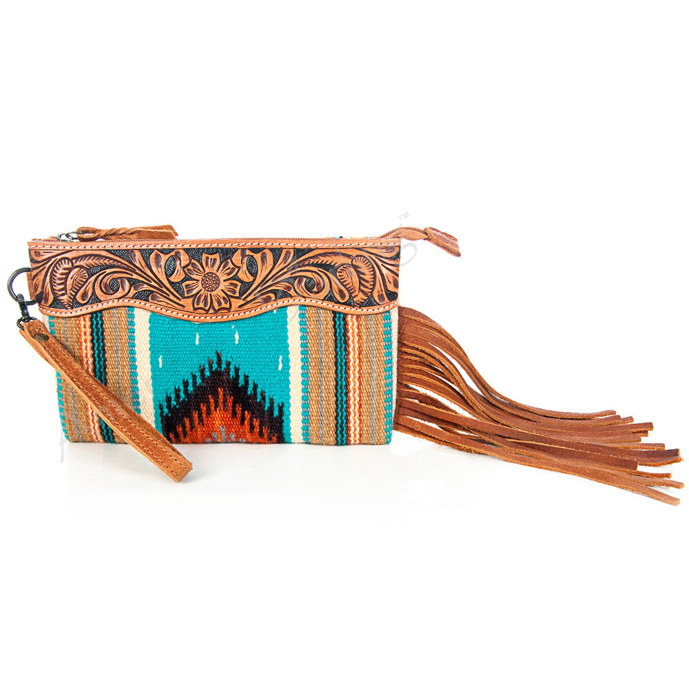 American Darling ADBG344TANE Wristlet Hand Tooled Saddle Blanket Genuine Leather Women Bag Western Handbag Purse