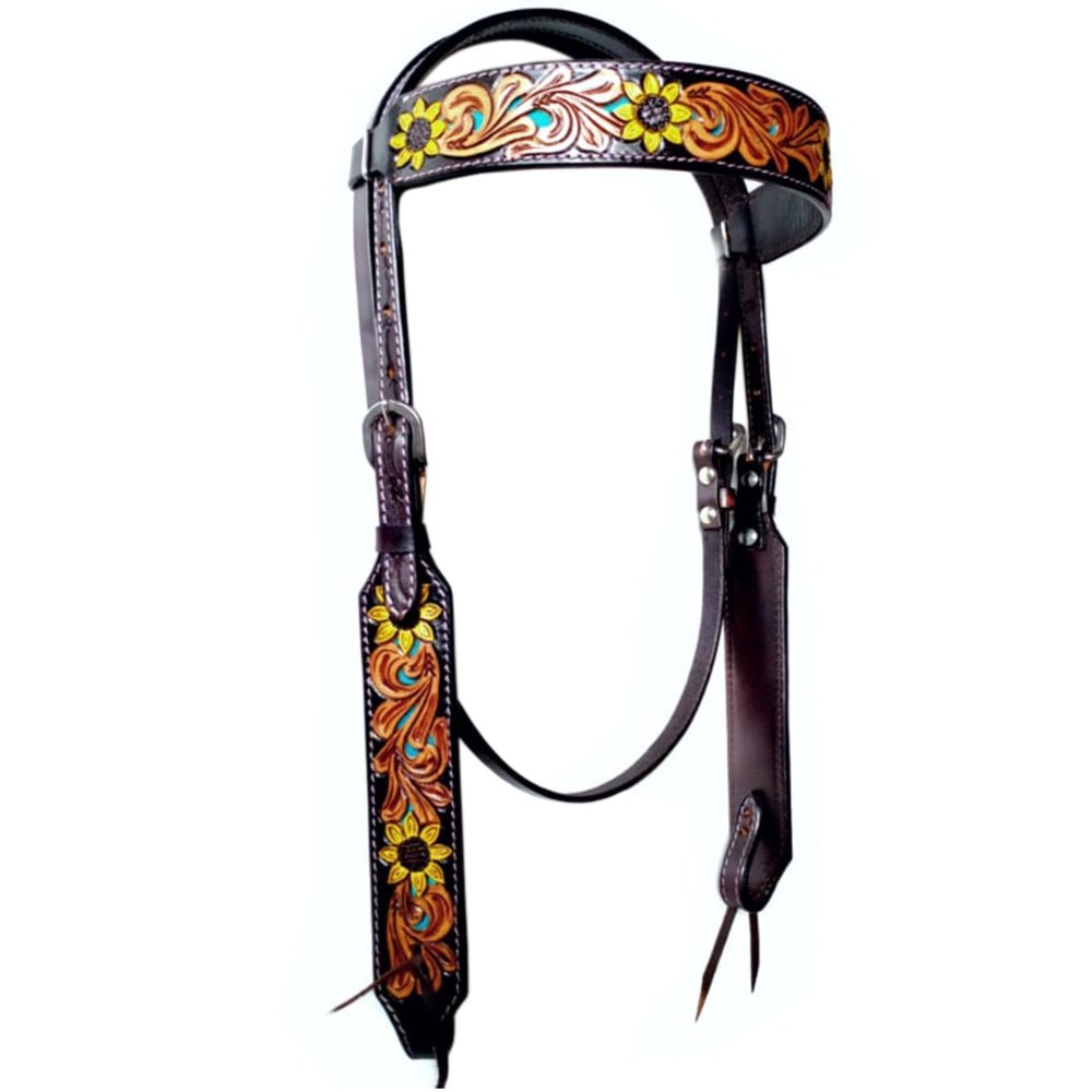 Bar H Equine Sunflower Floral Hand Carved  Horse Leather One Ear Headstall Brown