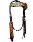 Bar H Equine Sunflower Floral Hand Carved  Horse Leather One Ear Headstall Brown