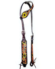 Bar H Equine Sunflower Floral Hand Carved  Horse Leather One Ear Headstall Brown