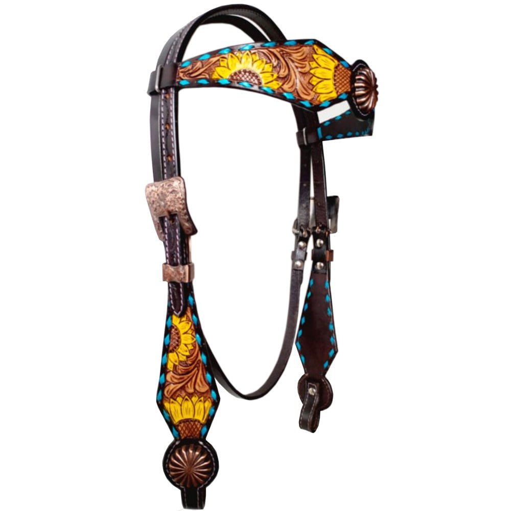 Bar H Equine Horse Leather Pinwheel Sunflower Floral One Ear Headstall Dark Brown