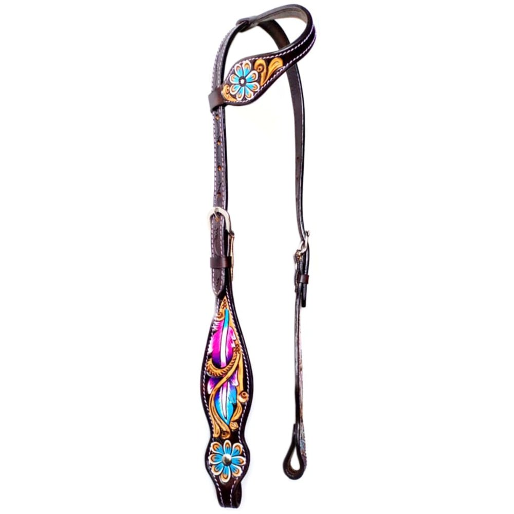 Bar H Equine Horse Leather Floral Feather  One Ear Headstall Dark Brown