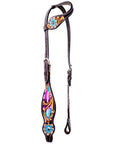 Bar H Equine Horse Leather Floral Feather  One Ear Headstall Dark Brown