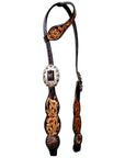 Bar H Equine Pinwheel Floral Hand Tooled Horse Western Leather One Ear Headstall Brown