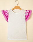 Floral Patchwork Flutter Sleeve Ricrac Trim Blouse