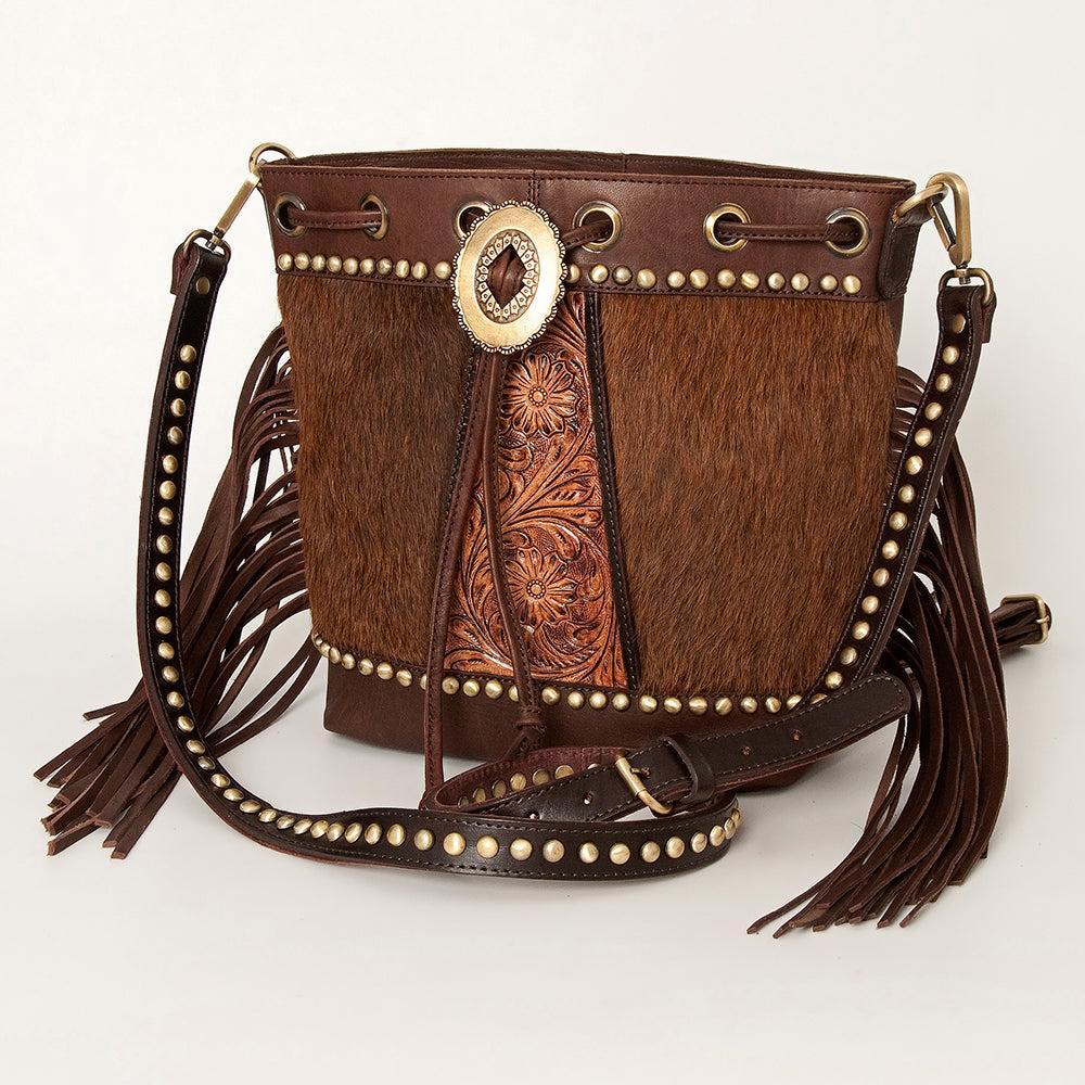 American Darling ADBGI149 Bucket Hand Tooled Hair-On Genuine Leather Women Bag Western Handbag Purse